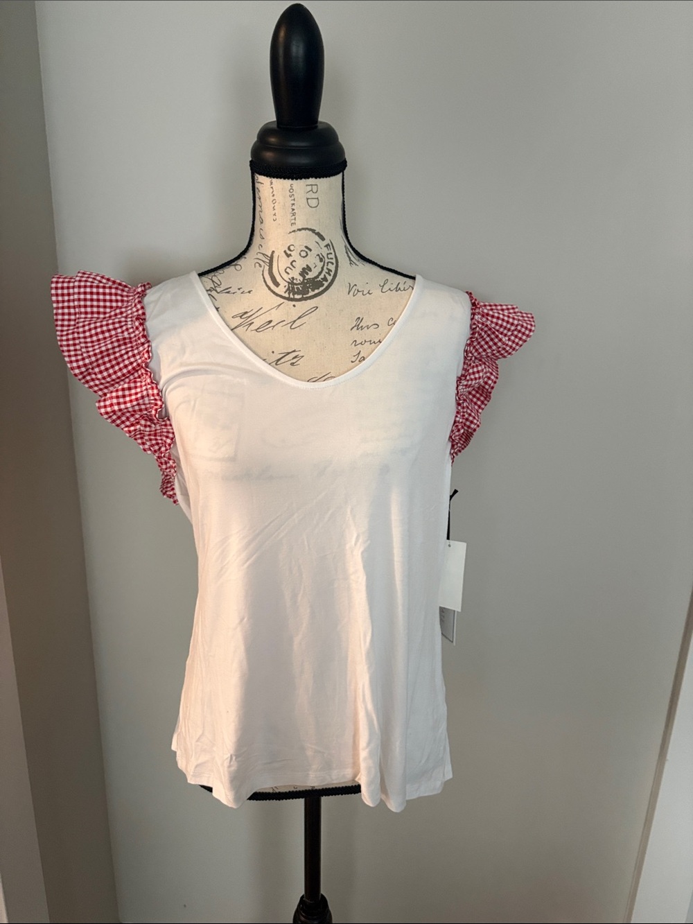 1. State XL White  Top with Red Gingham Ruffle Sleeves